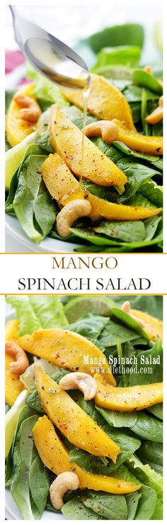 two pictures of spinach salad with oranges and cashews