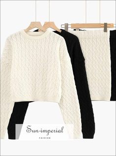 Women White Knitted Skirt Set with O Neck Soft Knit Cable Batwing Long Sleeve Cropped Jumper and Basic style Black Long Sleeve Sets For Fall, Black Long Sleeve Winter Sets, White Knitted Skirt, Knitted Skirt Set, Knitted Skirt, Autumn Clothing, White Set, Black N White, High Fashion Street Style