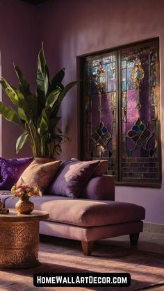 a living room with purple walls and stained glass windows