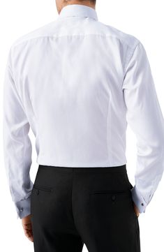 A diamond-dobby texture elevates the sophistication of this meticulously tailored tuxedo shirt cleanly crafted with a hidden button placket and French cuffs. 30 1/2" length; 43" chest (size 16.5) Hidden button placket Spread collar with permanent collar stays Long sleeves with French cuffs Back yoke Curved hem 100% cotton Machine wash, line dry Imported Men's Furnishings Formal Fitted Tuxedo Shirt, Fitted Tuxedo Shirt For Formal Occasions, Formal Tuxedo Dress Shirt With Long Sleeves, Business Tuxedo Shirt With Long Sleeves, Classic Fitted Shirt For Black Tie Event, Luxury Fitted Dress Shirt For Wedding, Elegant Dress Shirt With Concealed Placket For Work, Luxury Slim Fit Tops For Formal Occasions, Elegant Formal Tops With Concealed Placket