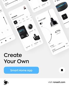 smart home app screens with the text create your own on it and various items displayed