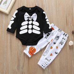 Baby Cartoon Skeleton Pattern Printed Romper & Trousers - PrettyKid October Newborn, Cartoon Skeleton, Baby Boy Halloween, Skeleton Pattern, Baby Halloween Outfits, Baby Bowtie, Baby Overall, Newborn Clothes