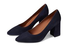 Aquatalia Peony - Women's Shoes : Navy : Slay the evening style wearing the very bold and elegant Aquatalia Peony Heels. Soft suede upper. Leather lining and insole. Easy slip-on style. Timeless pointed toe. Chunky block heel. Rubber outsole. Made in Italy. Measurements: Heel Height: 2.95 in. Single Shoe Weight: 17.28 oz. Chic 4-inch Block Heels For Fall, Chic Block Heels With Medium Width, Chic Stacked Heel Block Heels For Fall, Chic Closed Toe Block Heels For Fall, Chic Block Heels With Stacked Heel For Fall, Chic Block Heels Medium Width, Elegant 4-inch Block Heels For Fall, Chic Block Heels For Fall, Chic Court Shoes With 4-inch Heel For Business Casual