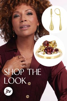 A woman wearing maroon clothing and matching maroon gemstone  and gold jewelry leaning against a bright, white background. Gold Girl, The Gold