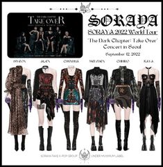 several different dresses and boots on display in front of an advertisement for the show, sora