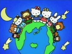 hello kitty is sitting on top of the world