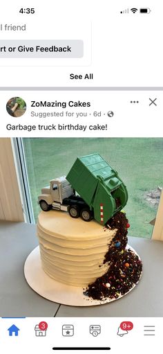 a birthday cake with a dump truck on top and the caption says happy birthday