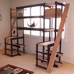 a room with some shelves and stairs in it