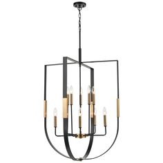 a black and gold chandelier with six lights hanging from the center, on an isolated