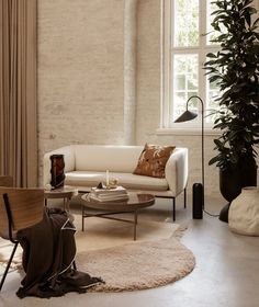 a living room filled with furniture next to a tall plant in a window sill