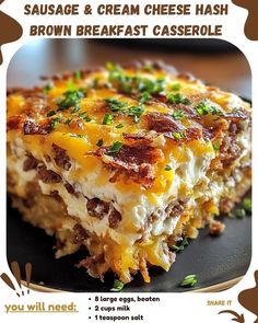 a poster advertising sausage and cream cheese hashbrown breakfast casserole on a black plate