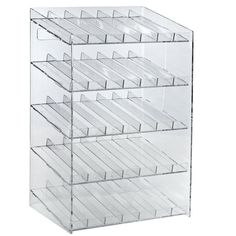 a clear acrylic display case with six shelves