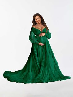 #color_Emerald Green Green Long Sleeve Prom Gown, Long Sleeve Tulle Gown For Prom, Fitted Long Sleeve Tulle Dress, Long Sleeve Tulle Gown With Sheer Sleeves, Fitted Tulle Dress With Long Sleeves, Tulle Gown With Sheer Long Sleeves, Long Sleeve Maternity Dress For Wedding, Sheer Long Sleeve Party Gown, Party Gown With Sheer Long Sleeves