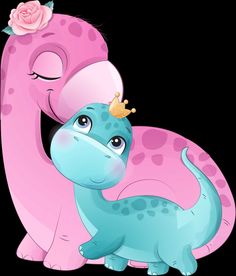 a pink and blue dinosaur with a flower on it's head hugging its neck