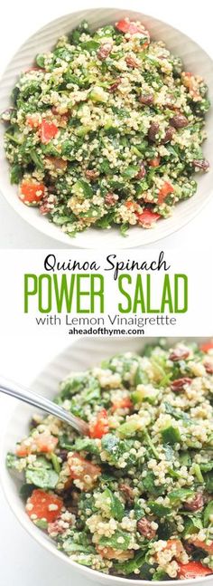 quinoa spinach and power salad with lemon vinaigrete in a white bowl