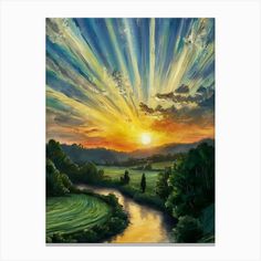 a painting of the sun setting over a river