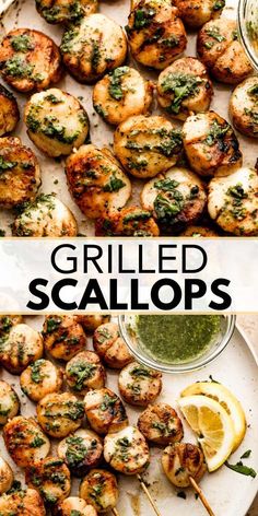 grilled scallops on a plate with lemon wedges