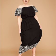 Nwt - Bought For Vacation But Top Is Too Big For My B Chest. Off-The-Shoulder Maxi Dress With Embroidered Sleeves And Hem. Covered Elastic At Waist. No Closure; Pull-Over Styling. Length Approx. 55". Machine Wash Dresses For Plus Size, Plus Size Wedding Dresses With Sleeves, Apple Shape Outfits, Dresses For Apple Shape, Apple Dress, Plus Size Fall Outfit, Beautiful Maxi Dresses, Best Dresses, Lane Bryant Dresses