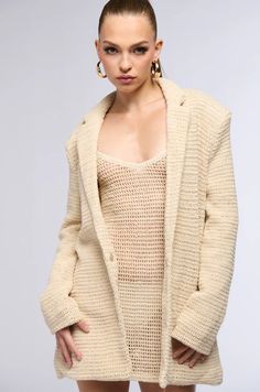 CLASSIC OVERSIZED CROCHET BLAZER – AKIRA Crochet Blazer, Satin Pumps, Plunging Neckline, Sophisticated Style, Thigh High, Lapel Collar, Party Dresses, High Boots, Cotton Linen