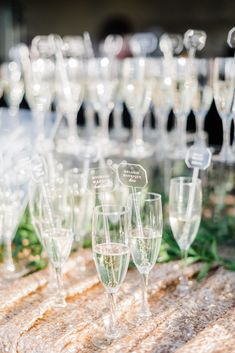 wine glasses are lined up on a table