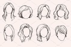 the hairstyles of women with long hair in different styles and colors, drawn by hand