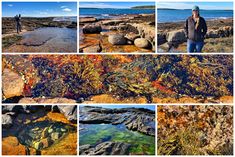 several pictures of rocks and water with people standing on the rocks in front of them