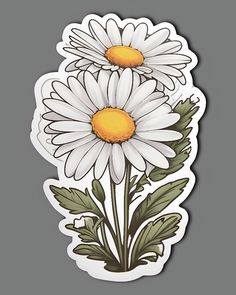 two white daisies with green leaves sticker on a gray background by corbi