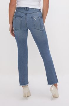 Subtle distressing and a split-pocket style bring edgy appeal to these straight-leg jeans made with stretch for all-day comfort and support. 24 1/2" inseam; 14" leg opening; 9 1/2" front rise; 13" back rise (size 4) Zip fly with button closure Five-pocket style 95% cotton, 4% elastomultiester, 1% elastane Machine wash, tumble dry Imported Black Owned/Founded Distressed Straight Denim Blue Jeans, Straight Distressed Denim Blue Jeans, Everyday Distressed Denim Blue Flare Jeans, Denim Blue Straight Flare Jeans With Frayed Hem, Ripped Stretch Straight Leg Flare Jeans, Straight Leg Distressed Flare Jeans In Medium Wash, Everyday Ripped Straight Leg Flare Jeans, Everyday Ripped Flare Jeans With Straight Leg, Distressed Straight Leg Cropped Jeans In Denim Blue