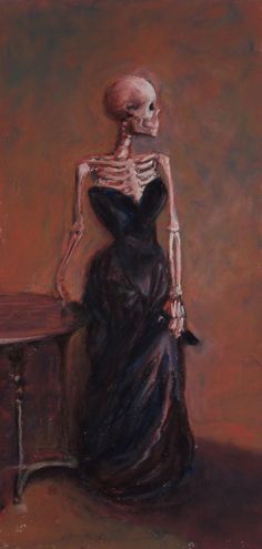 a painting of a skeleton in a black dress sitting on a table next to a chair