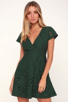 Tia Dark Green Lace Skater Dress Cute Skater Dresses, Forest Green Dress, Cute Cocktail Dresses, Green Formal Dresses, Long Green Dress, Dark Green Dress, Olive Green Dresses, Lace Skater Dress, Dress Out