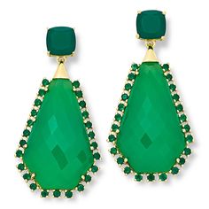 Rarities Gold-Plated Sterling Silver Green Chalcedony Drop Earrings  Add head-turning elegance to any and every outfit — day or night — with these gorgeous green drop earrings.        Approx. 1-7/8"L x 15/16"W     Stamped .925; 22-22K gold-plating     Pierced with clutch backs     Earrings have a faceted octagonal green chalcedony stone at the stud     Freeform drops feature a faceted chalcedony stone outlined with small, round chalcedony stones   Stone Information        All sizes and weights a Green Gemstone Accents Earrings In Fine Jewelry, Green Gemstone Accented Fine Jewelry Earrings, Green Cabochon Drop Earrings, Luxury Chalcedony Women's Earrings, Green Chalcedony Pendant Jewelry, Chalcedony Stone, Green Chalcedony, Color Bands, 22k Gold