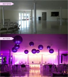 before and after photos of a wedding reception with purple lights on the dancefloor