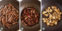 the process of cooking mushrooms and steak in a frying pan