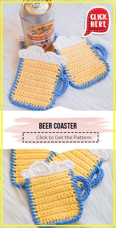 two crocheted beer coasters sitting on top of a table