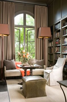 a living room filled with furniture next to a window covered in bookshelves and windows