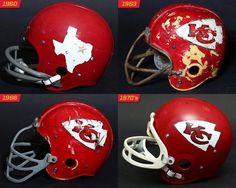 three football helmets that have been painted red and white