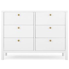 a white dresser with gold knobs on the top and bottom drawers, against a white background