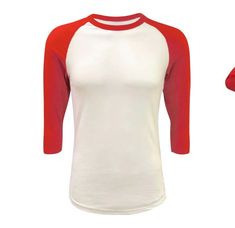 Red and white 3/4 length, raglan t-shirt, 95% cotton, 5% spandex.  very nice quality shirt, great for use with white toner prints or vinyl. White Toner, Baseball Tee Shirts, Raglan Shirt, T Shirt Image, White Hot, Raglan Shirts, Black Glitter, Cool Fabric, Graphic Tees Women