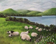 a painting of sheep grazing in a field by the water