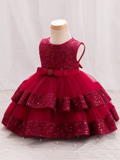 Christmas Party Special Occasion Baby Girls Sleeveless Sequin Net Tutu Dress For Baptism, 1st Birthday Red   Sleeveless Woven Fabric Plain Fit and Flare Non-Stretch  Baby Girls Clothing, size features are:Bust: ,Length: ,Sleeve Length: