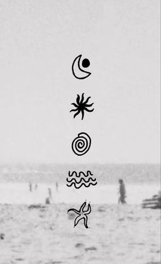 a black and white photo with the seven elements in it's center surrounded by people at the beach