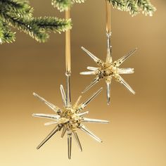 two ornaments hanging from a christmas tree with pine cones on them and snowflakes in the background