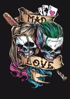 two skulls with green hair and makeup on their faces are holding playing cards that say mad love