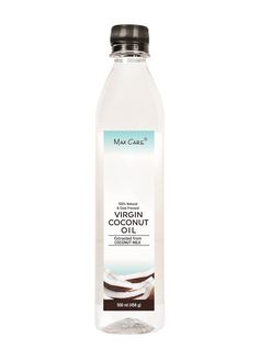 a bottle of virgin coconut water on a white background with the words, max care