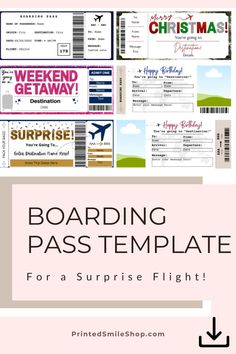 boarding pass template for a surprise flight with text overlay that reads, boarding pass template for a surprise flight