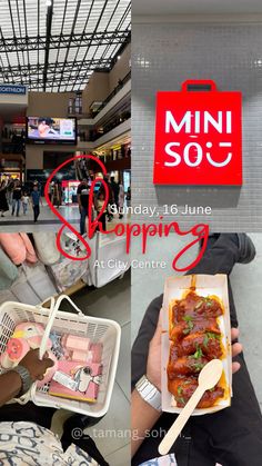 people are eating food at an airport with the words mini sou in red above them