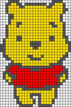 a cross stitch pattern with a yellow and red teddy bear on it's chest