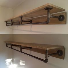 two wooden shelves with metal pipes and brackets on the wall next to eachother