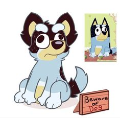 a cartoon dog sitting next to a sign that says beware of dogs