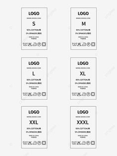 four different types of logos and labels for clothing, shoes or other items in black and white